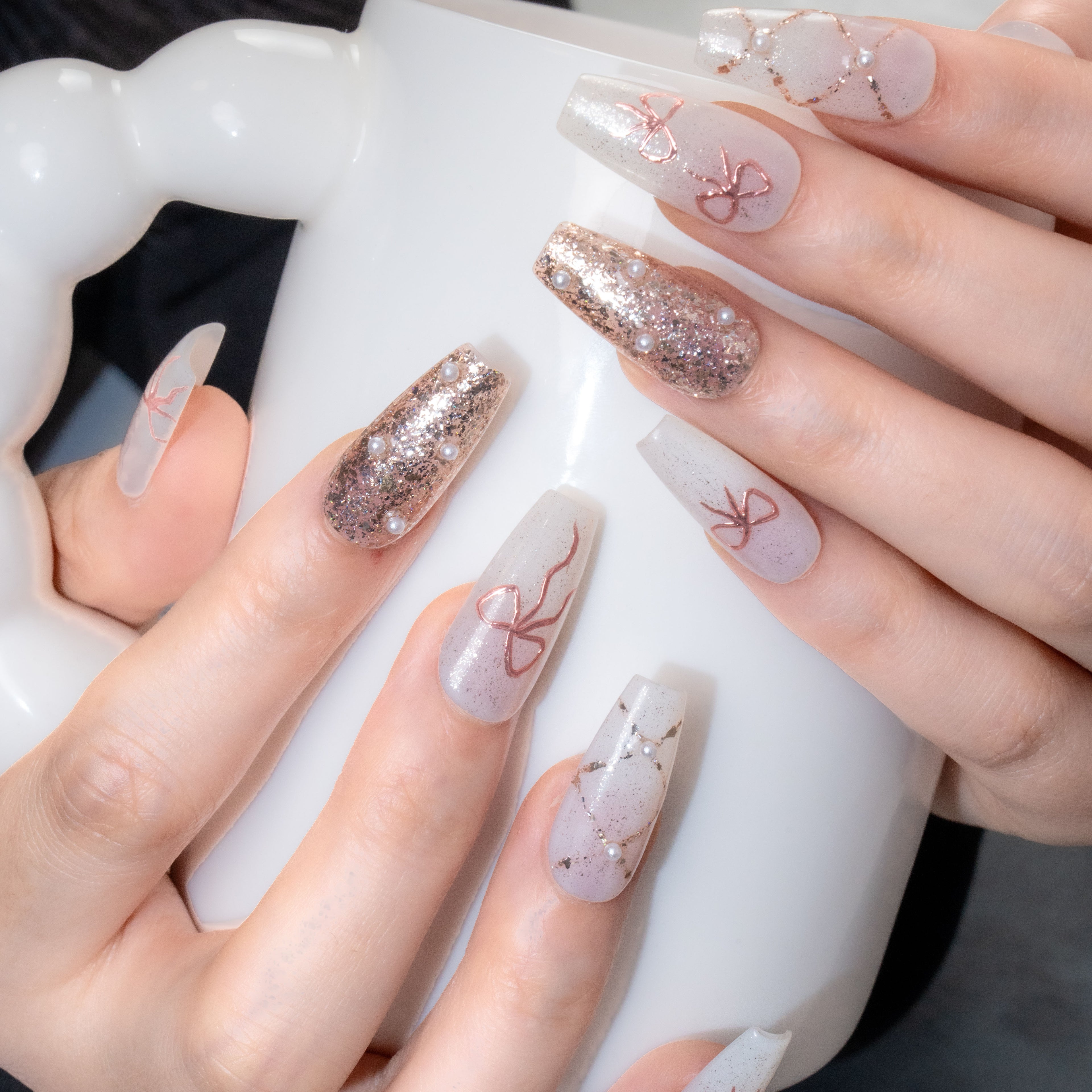 Pink Bow & Pearl Accent Nails - Sweet & Elegant Manicure Set