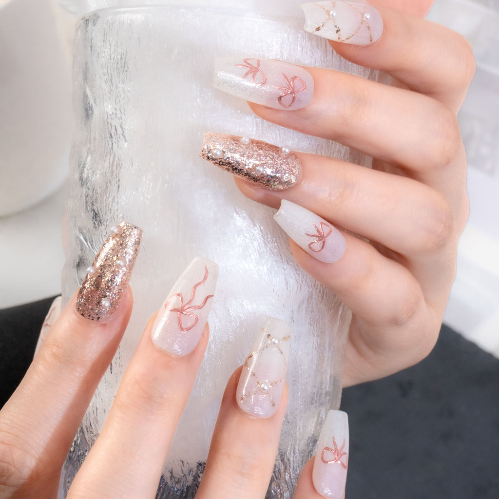 Pink Bow & Pearl Accent Nails - Sweet & Elegant Manicure Set