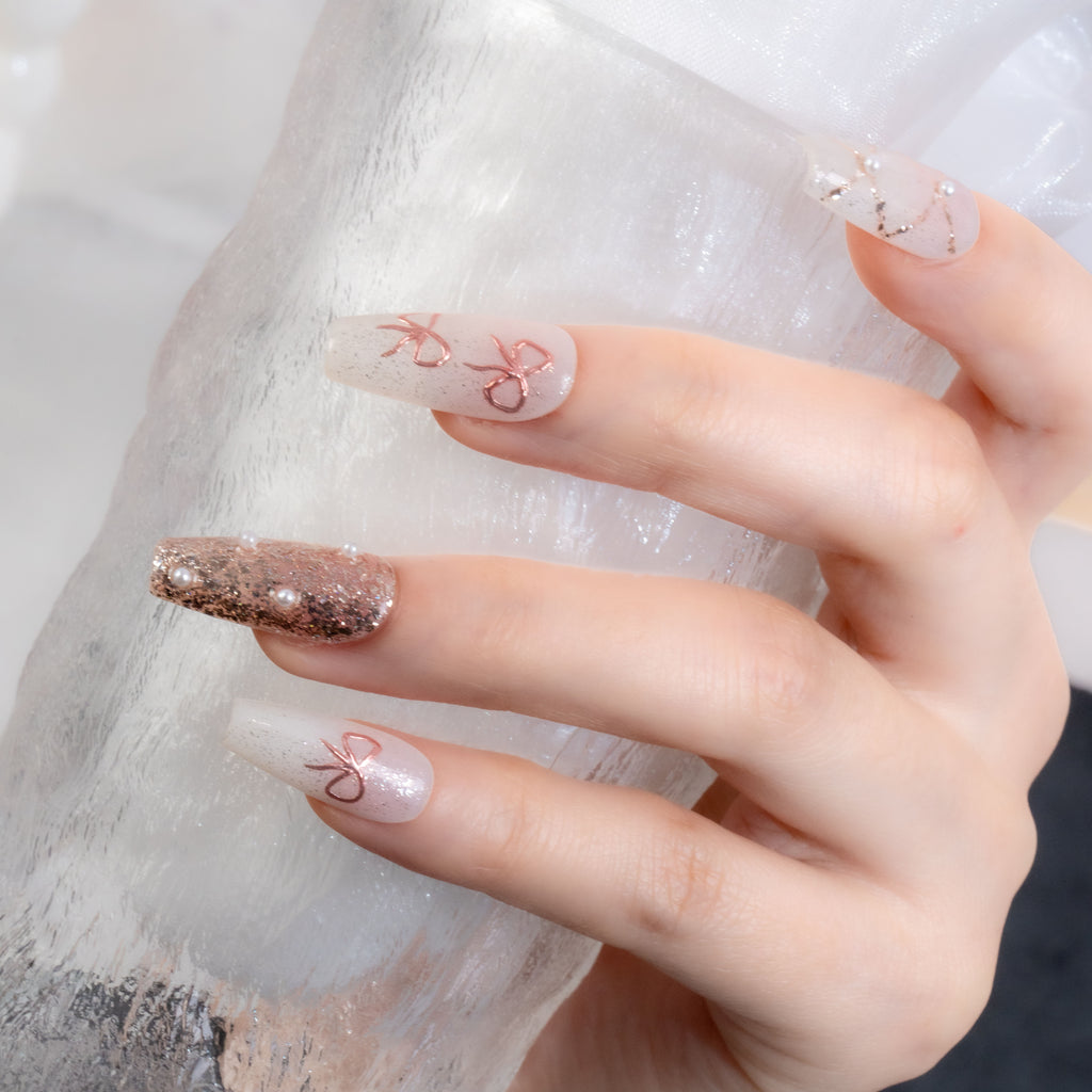 Pink Bow & Pearl Accent Nails - Sweet & Elegant Manicure Set