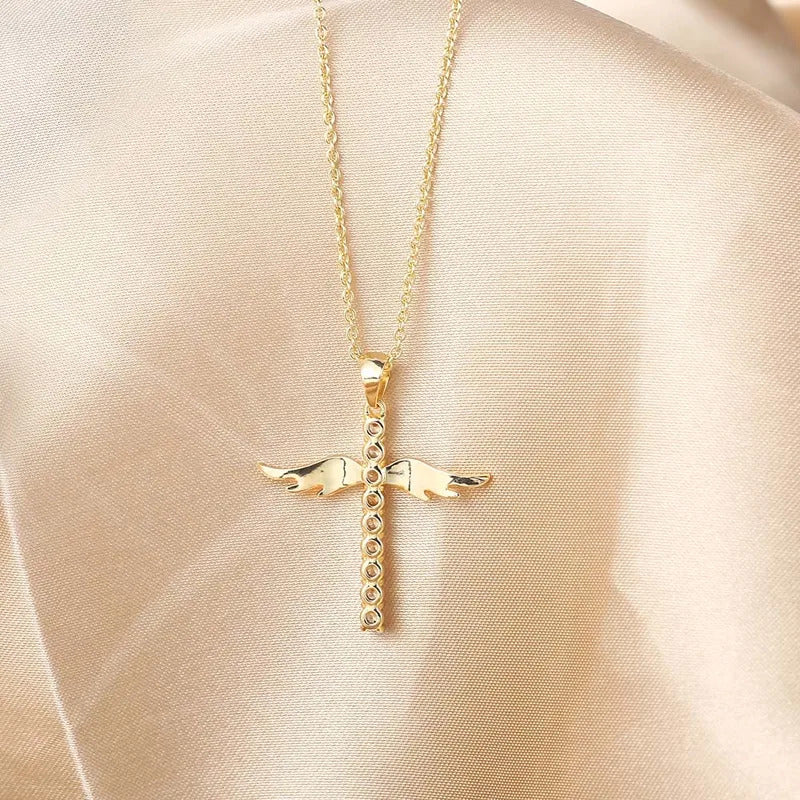 Angel Wings Cross Zircon Light Gold Color Choker Chains