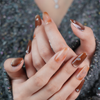 Gradient Brown Diamond-Accent Nails - Elegant Feather Background Manicure