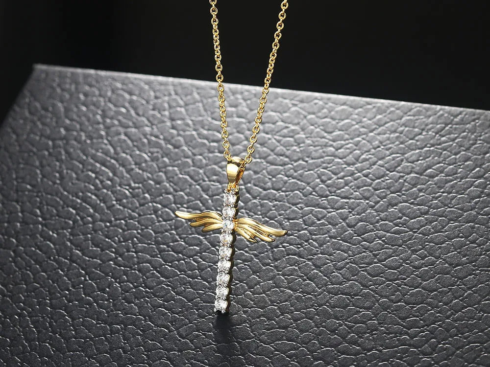 Angel Wings Cross Zircon Light Gold Color Choker Chains