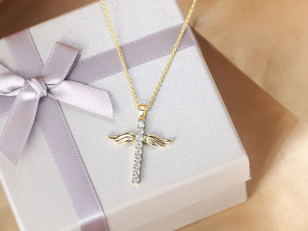 Angel Wings Cross Zircon Light Gold Color Choker Chains