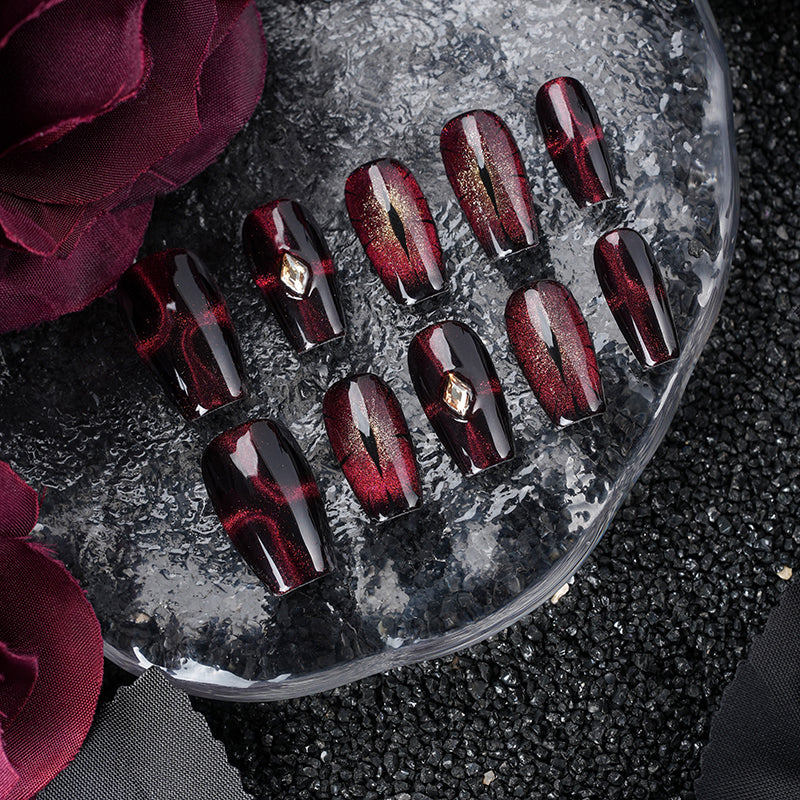 Red - Black Ombre Nails with Gold Gem - Edgy Fashion Manicure
