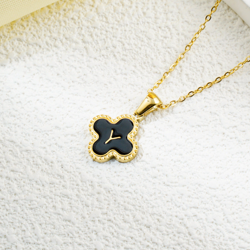 Four-leaf Clover 26 English Letters Black and White Mother-of-Pearl Necklace