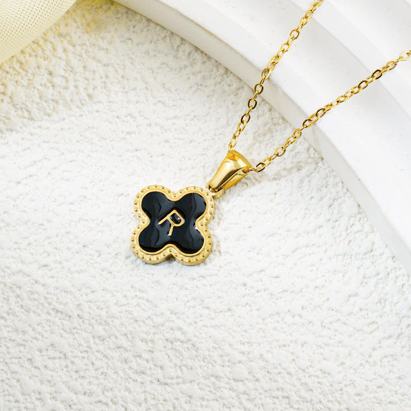 Four-leaf Clover 26 English Letters Black and White Mother-of-Pearl Necklace