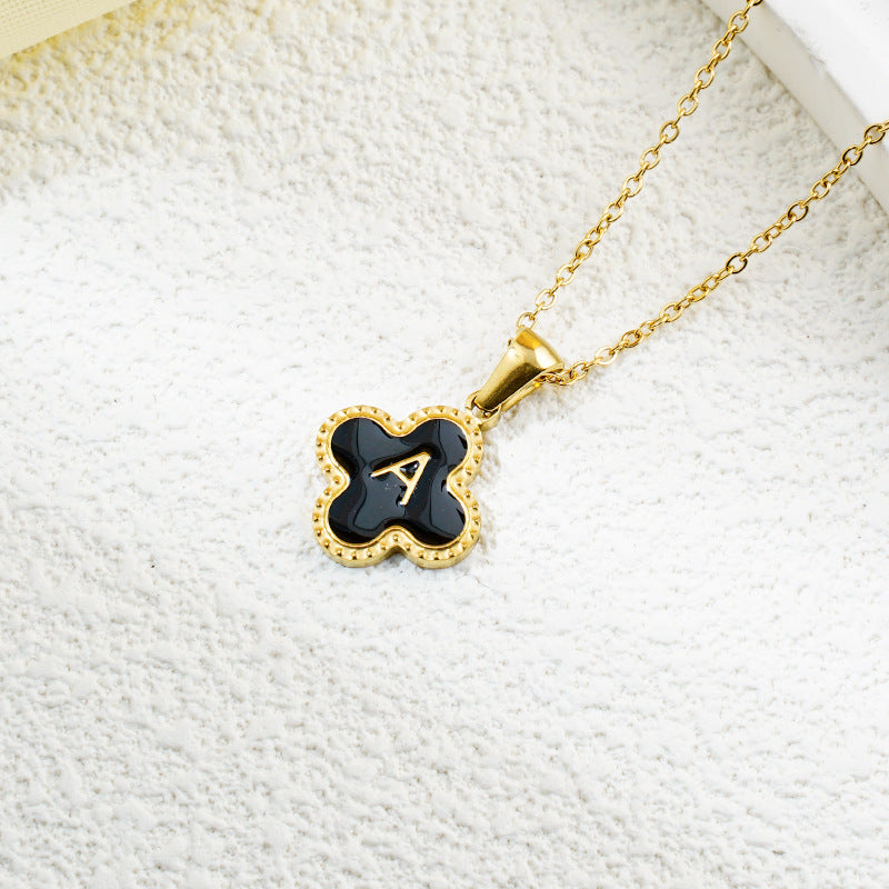 Four-leaf Clover 26 English Letters Black and White Mother-of-Pearl Necklace
