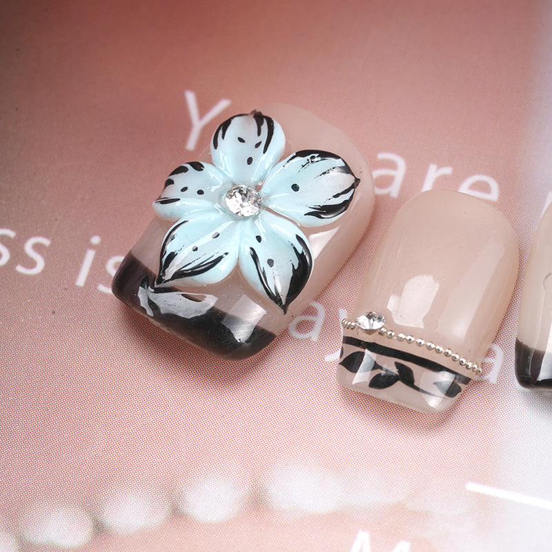 Ice Flower Butterfly-Short Press on Nails Square French Fake Nails Full Cover