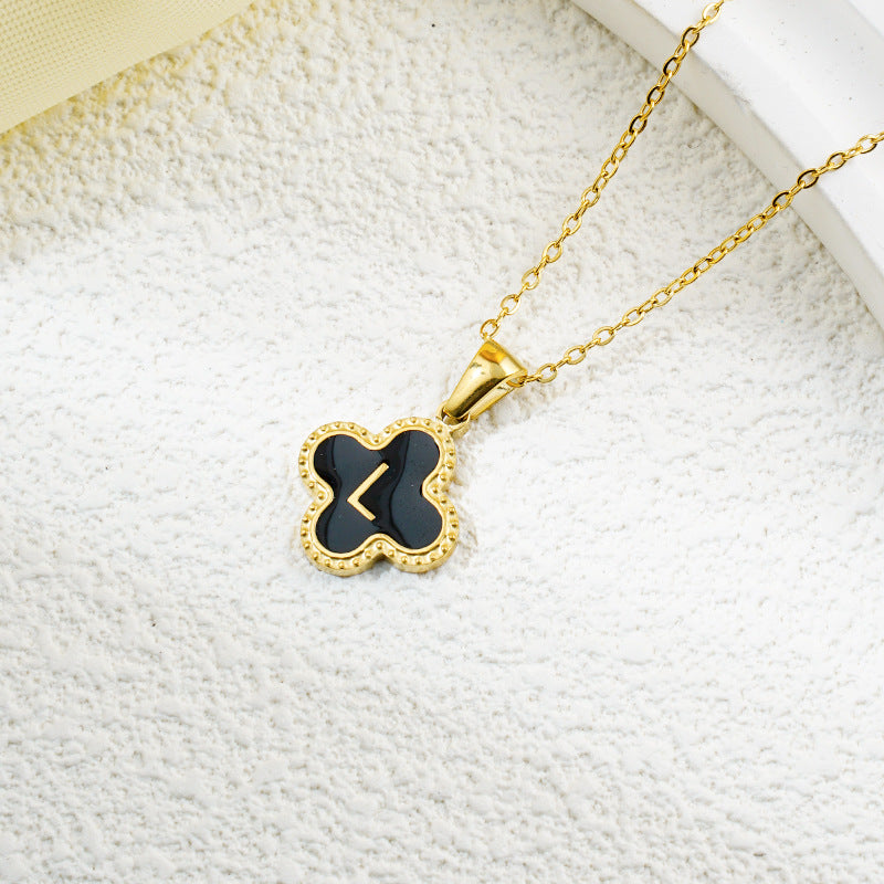 Four-leaf Clover 26 English Letters Black and White Mother-of-Pearl Necklace