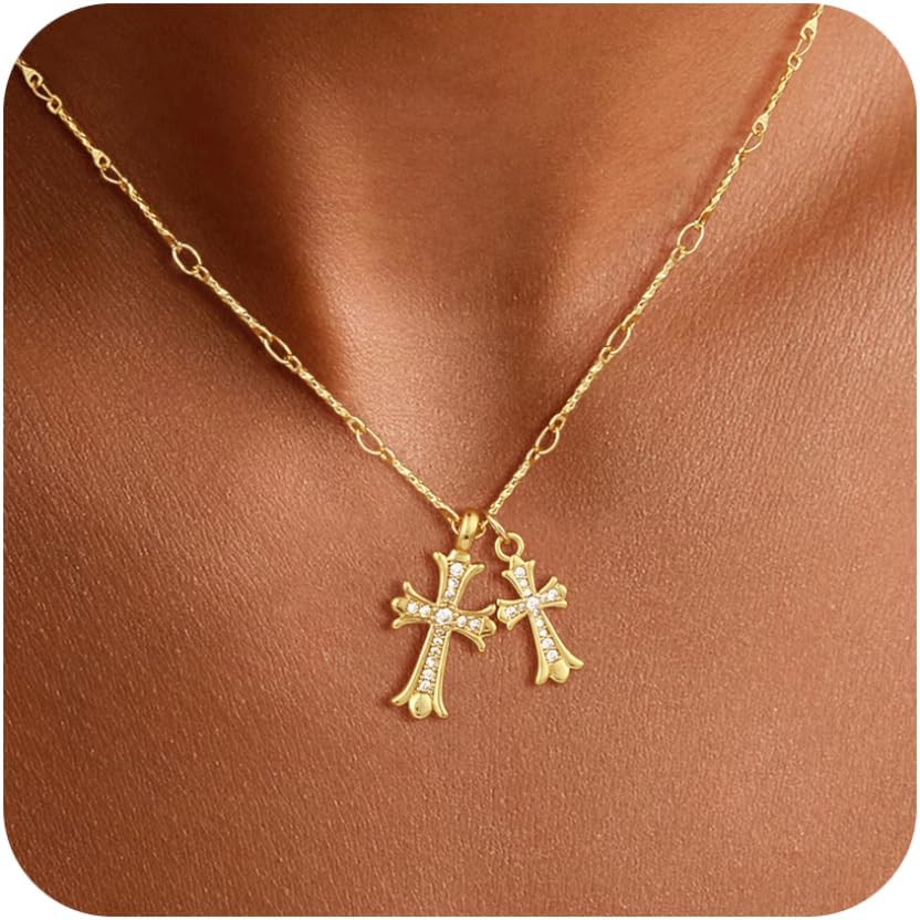 Plated Double Cross Pendant Necklace