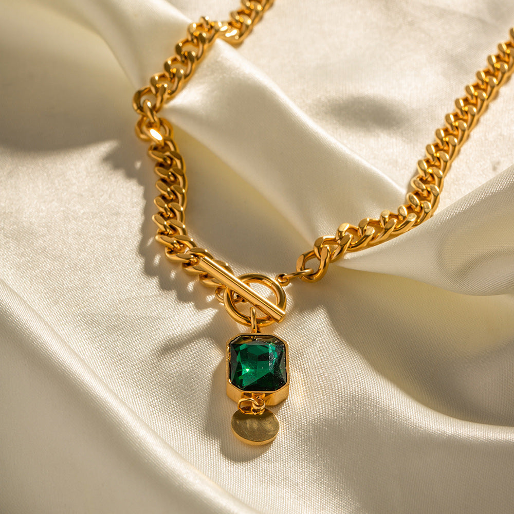Coarse Chain Green Square Diamond Pendant Short Necklace Neck Chain Clavicle Chain for Women