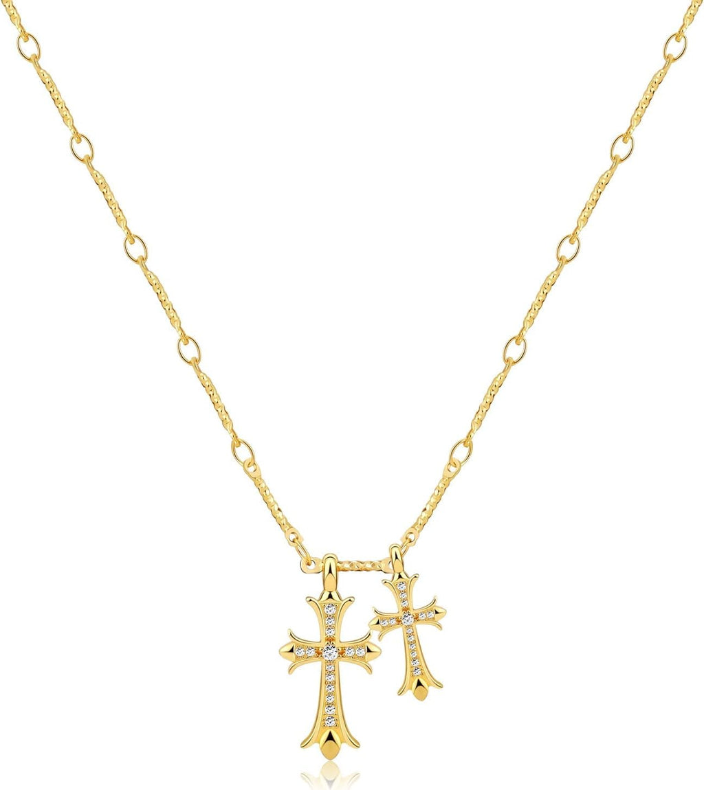 Plated Double Cross Pendant Necklace