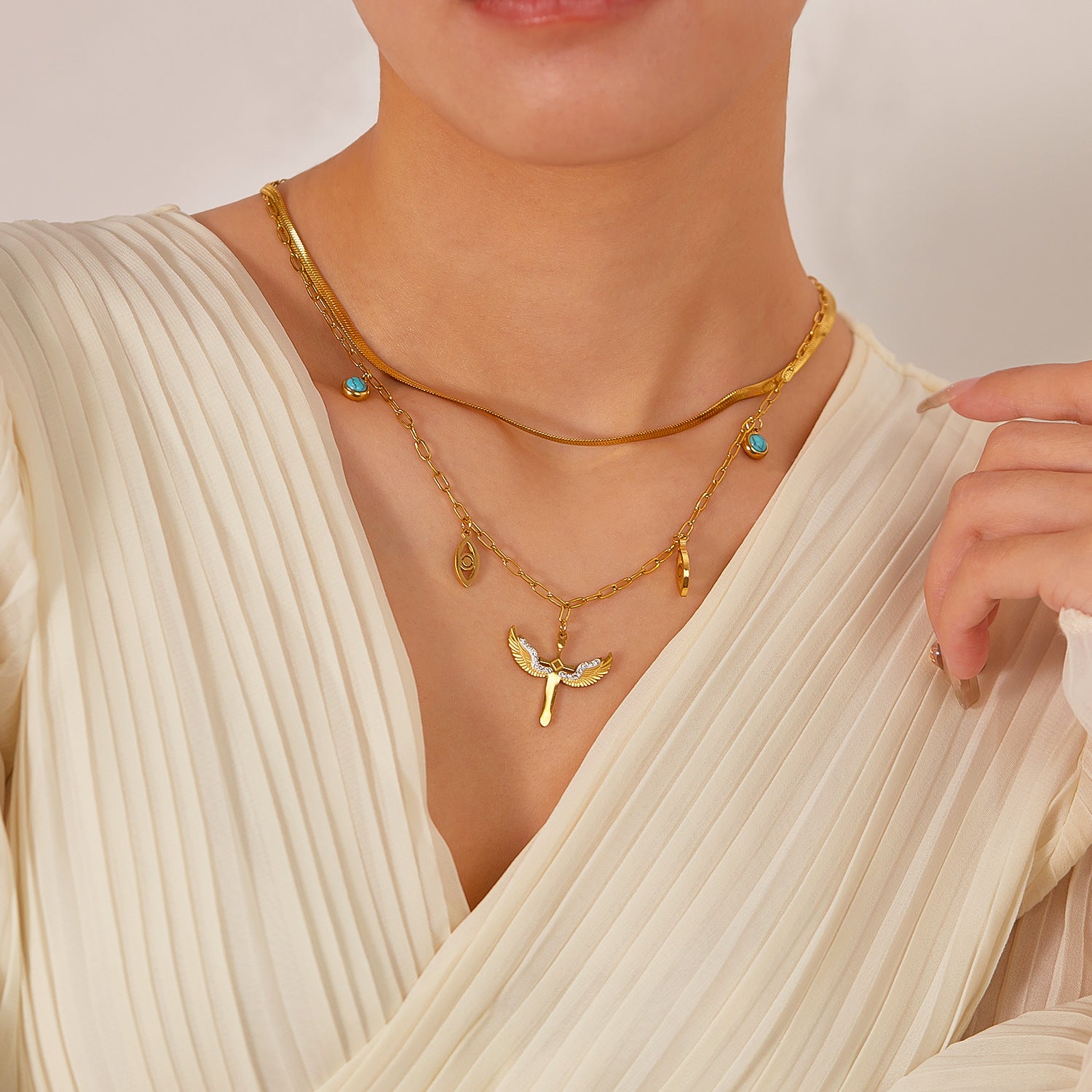 Demon Eye Angel Wings Cross Pendant Steel Necklace