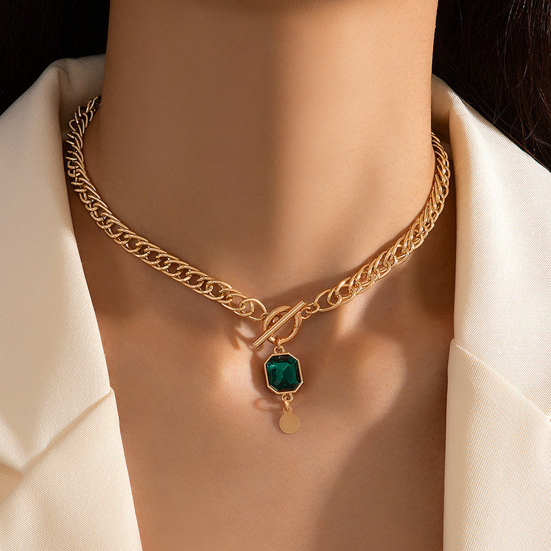 Coarse Chain Green Square Diamond Pendant Short Necklace Neck Chain Clavicle Chain for Women