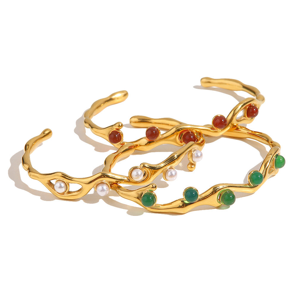 French Retro Green and Red Natural Stone Bracelet