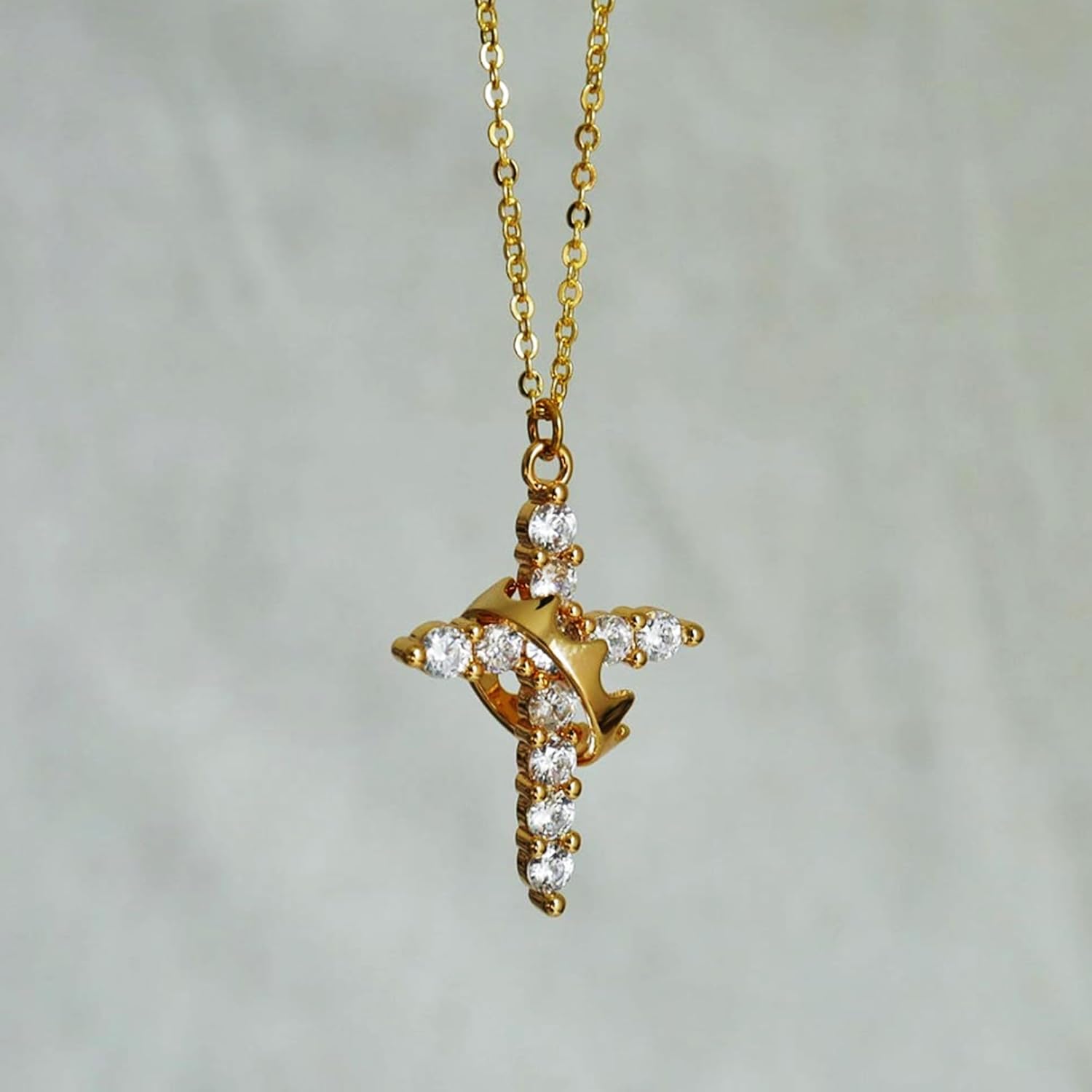 Gold Cross Necklace with Crown Charm