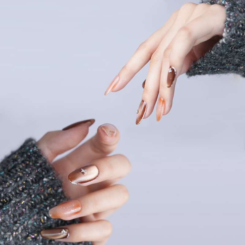 Gradient Brown Diamond-Accent Nails - Elegant Feather Background Manicure