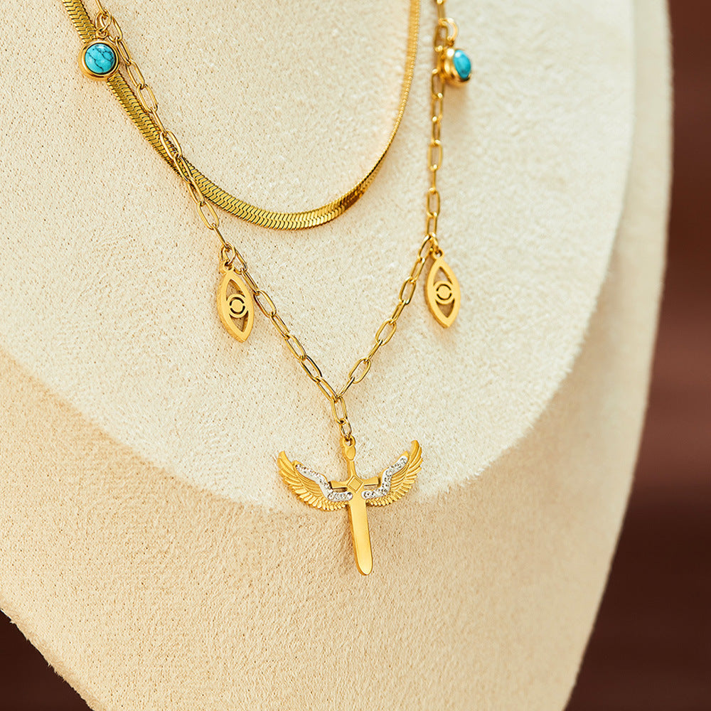 Demon Eye Angel Wings Cross Pendant Steel Necklace
