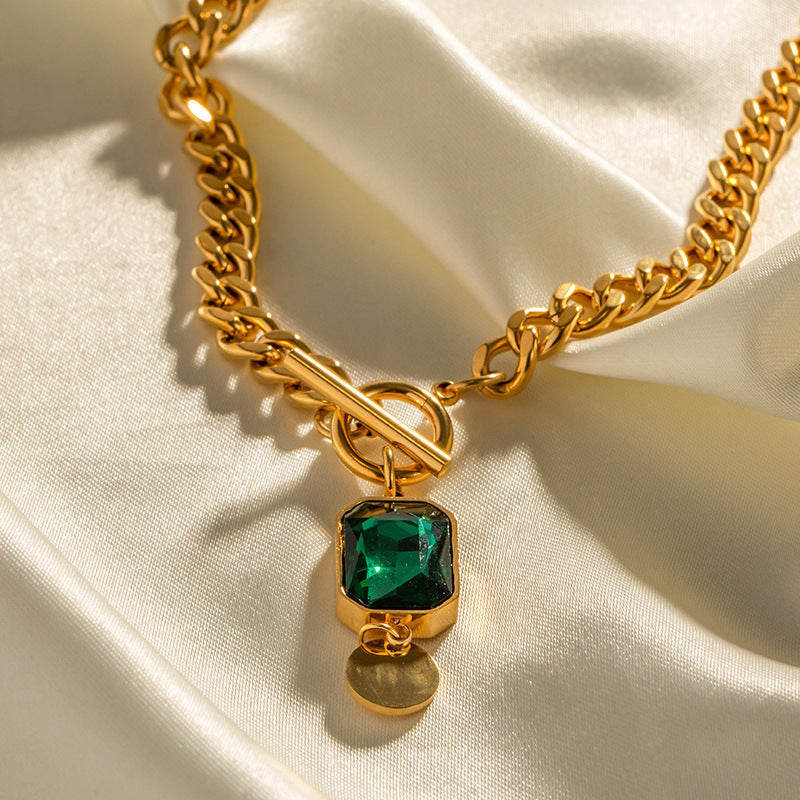 Coarse Chain Green Square Diamond Pendant Short Necklace Neck Chain Clavicle Chain for Women