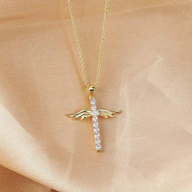 Angel Wings Cross Zircon Light Gold Color Choker Chains