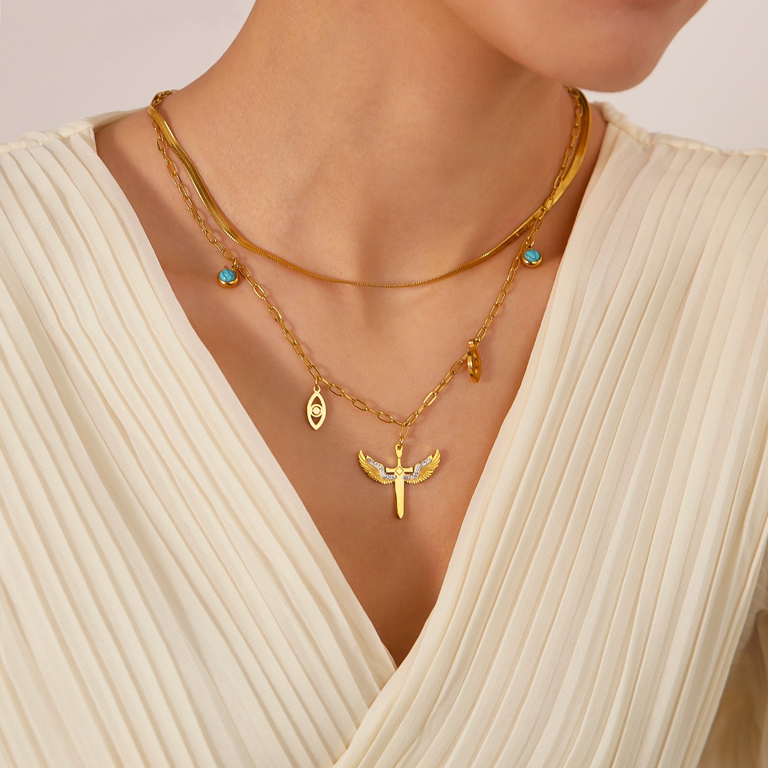 Demon Eye Angel Wings Cross Pendant Steel Necklace