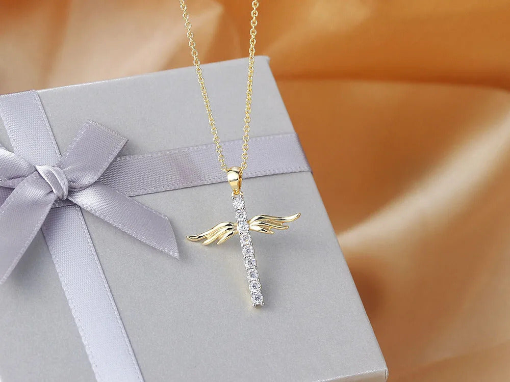 Angel Wings Cross Zircon Light Gold Color Choker Chains