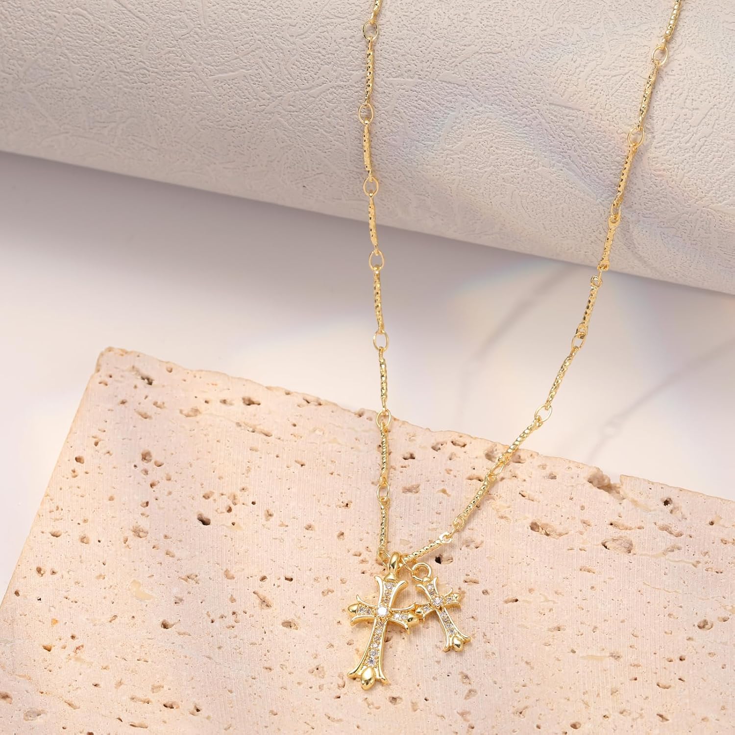 Plated Double Cross Pendant Necklace