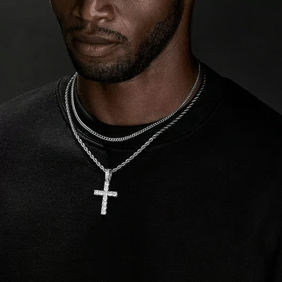 Double Layered Chains Cross Pendant Necklace