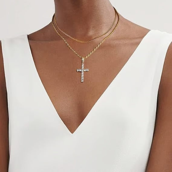 Double Layered Chains Cross Pendant Necklace