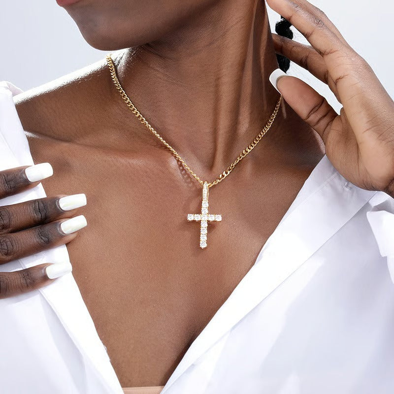 Double Layered Chains Cross Pendant Necklace