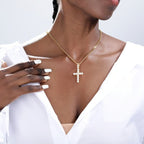 Double Layered Chains Cross Pendant Necklace