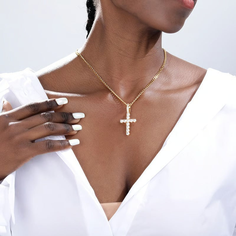 Double Layered Chains Cross Pendant Necklace