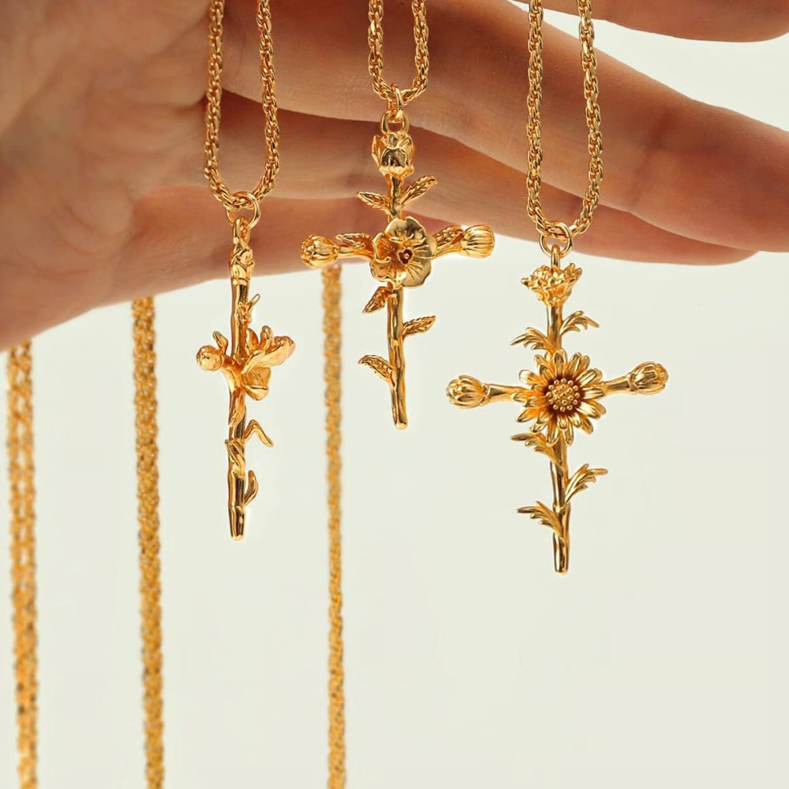 Birth Flower Gold Cross Necklace