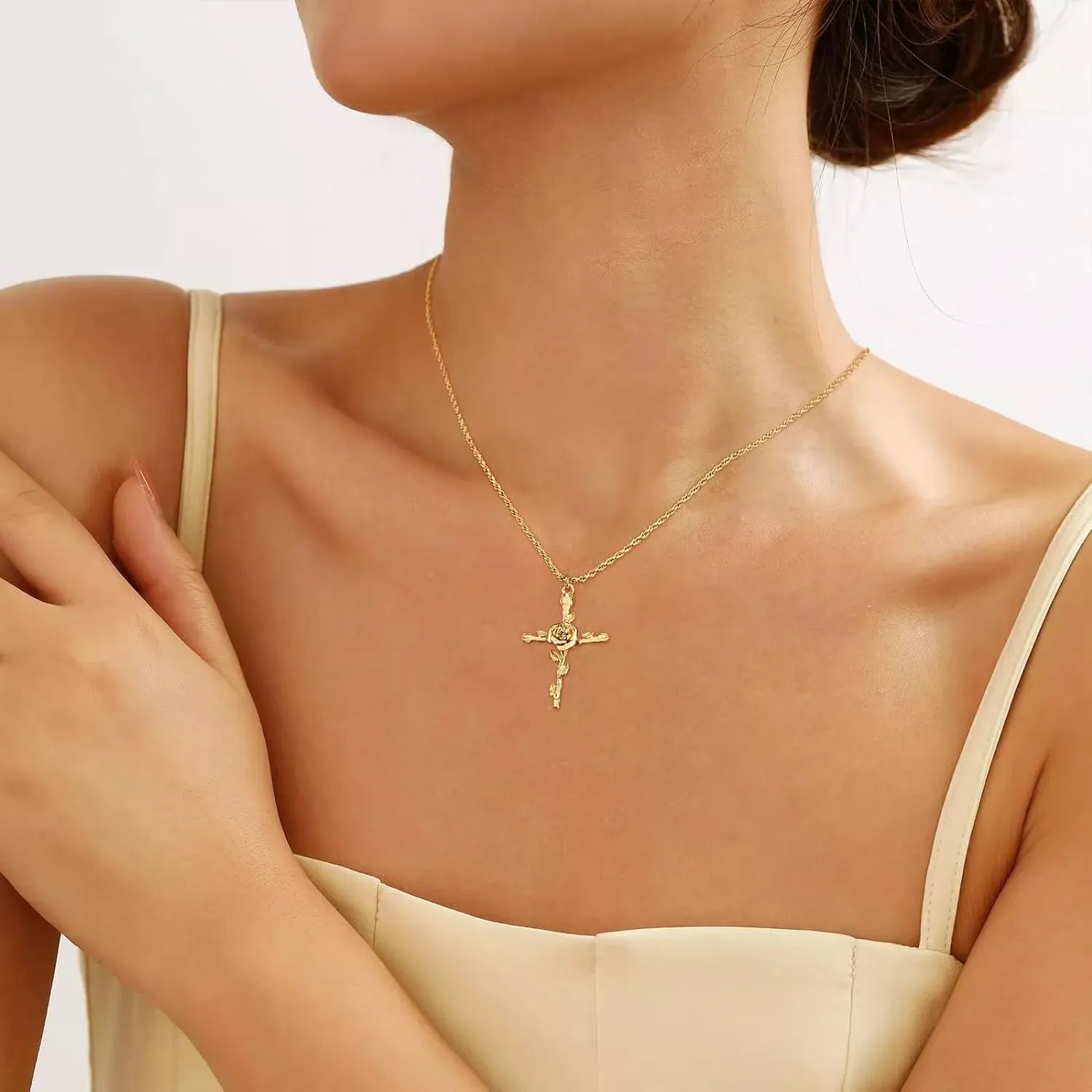 Birth Flower Gold Cross Necklace