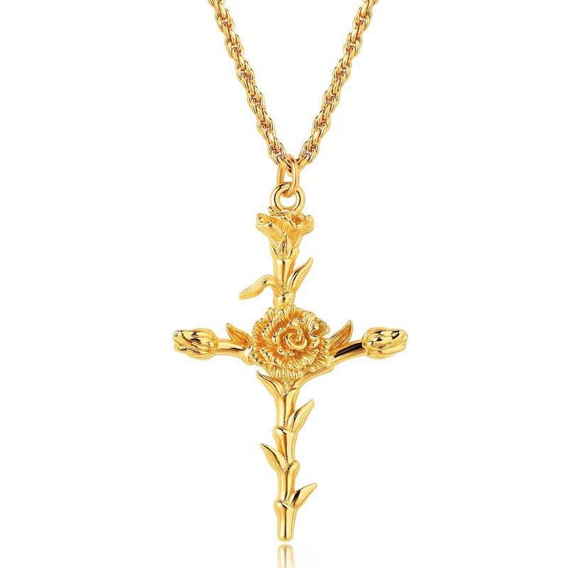 Birth Flower Gold Cross Necklace